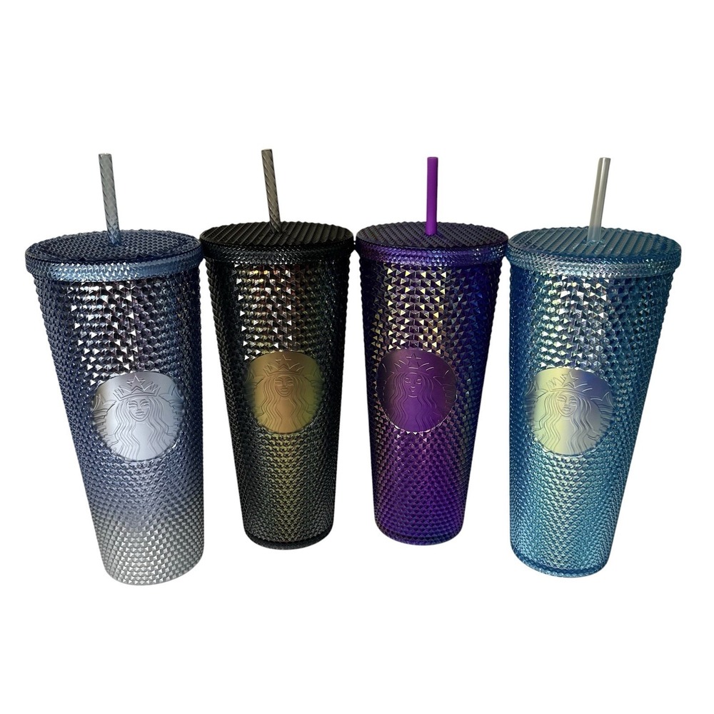Starbucks Studded Iridescent Tumblers (24oz) Lot Of 4 W/ Straws Oil Slick Rare